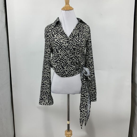 Pretty Little Thing Avalyn Wrap Blouse Womens 2 Cream Black Leopard Tie Front - Picture 2 of 15